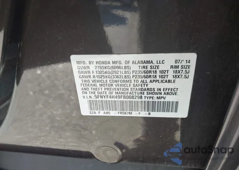 2015 Honda Pilot Ex z USA, uszkodzony, nr VIN 5FNYF4H49FB008298